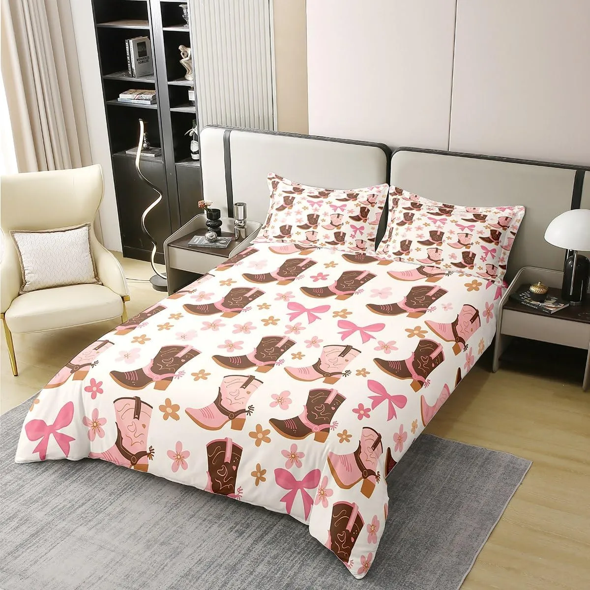 Erosebridal Cowboy Boot Duvet Cover Pink Cherry Bow 100% Cotton Bedding Sets Western Farmstyle Comforter Cover Cartoon Bowknot Bedspread Cover Rustic Farm Floral Beddings Queen Size