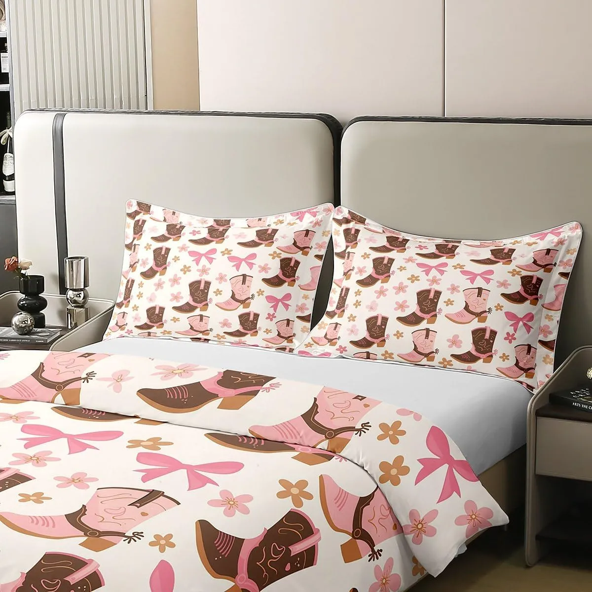 Erosebridal Cowboy Boot Duvet Cover Pink Cherry Bow 100% Cotton Bedding Sets Western Farmstyle Comforter Cover Cartoon Bowknot Bedspread Cover Rustic Farm Floral Beddings Queen Size