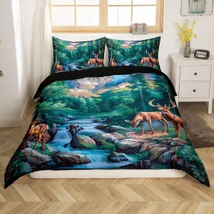 Erosebridal Deer Hunting Twin Size Bedding Set Woodland Wildlife Duvet Cover Nature Wild Deer Animal Comforter Cover Rustic Cabin Jungle Elk Bedspread Cover for Kids Boys Girls Room Decor