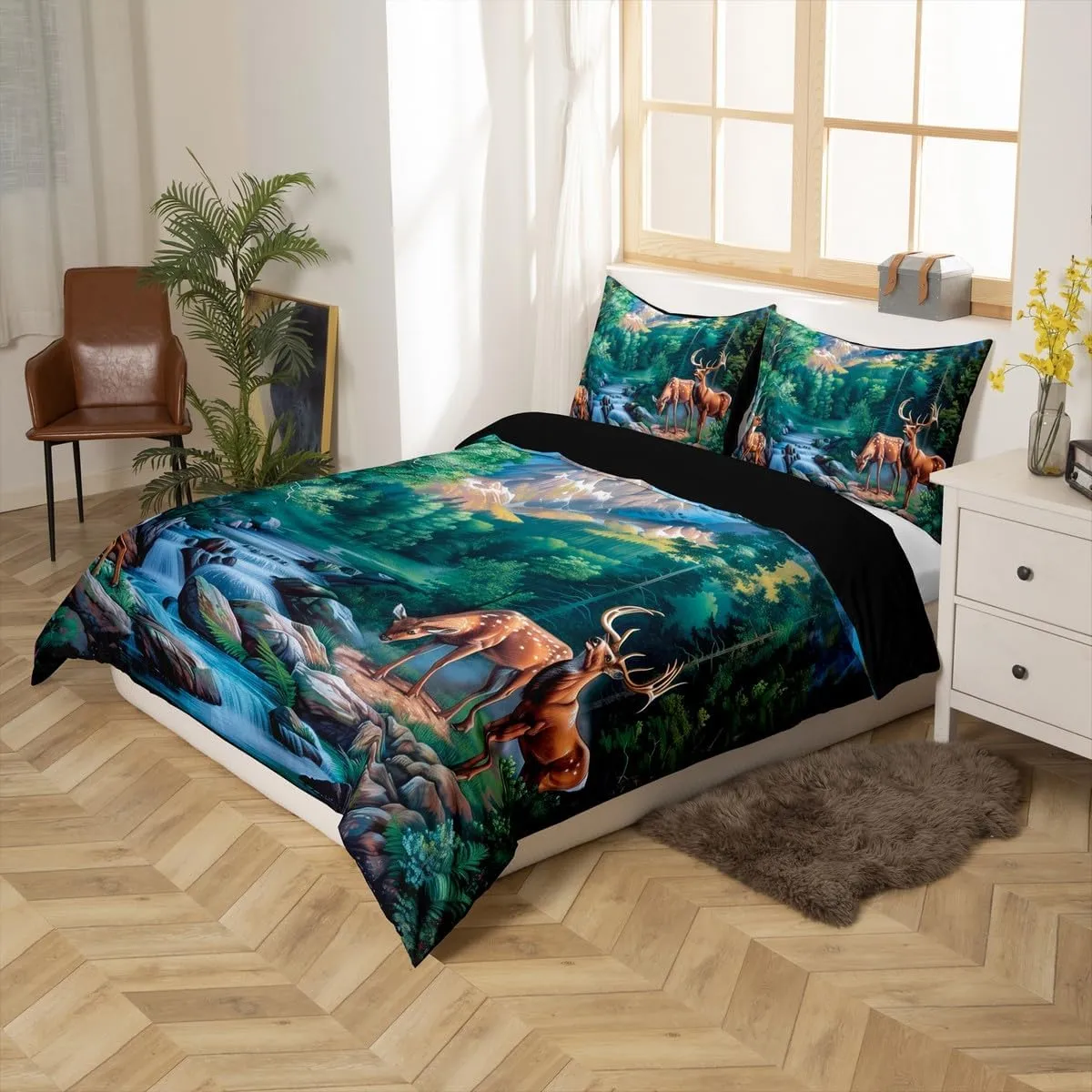 Erosebridal Deer Hunting Twin Size Bedding Set Woodland Wildlife Duvet Cover Nature Wild Deer Animal Comforter Cover Rustic Cabin Jungle Elk Bedspread Cover for Kids Boys Girls Room Decor