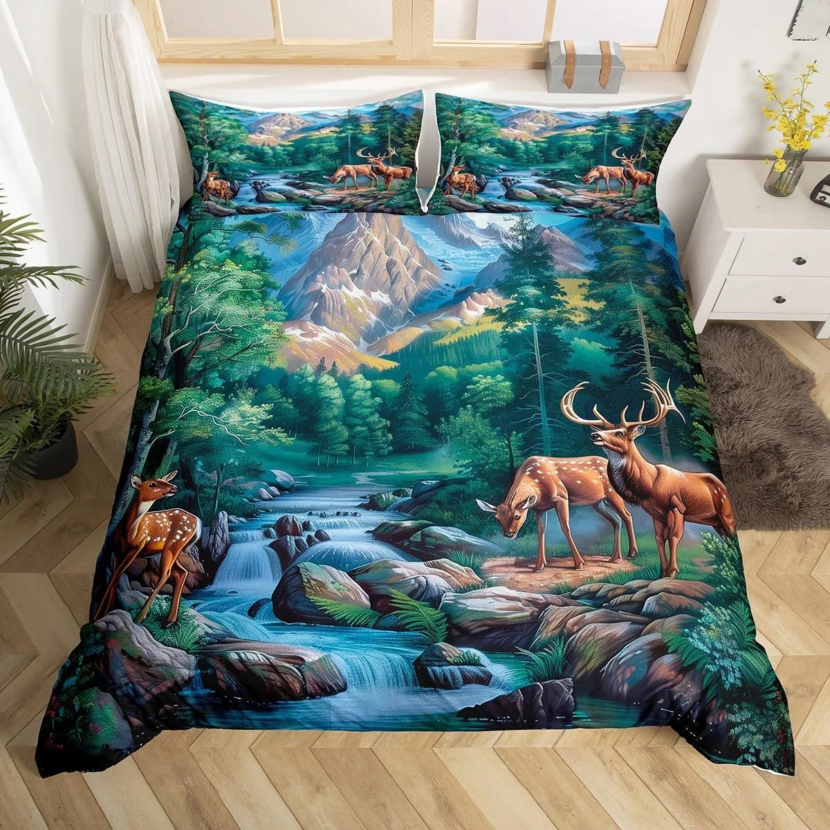 Erosebridal Deer Hunting Twin Size Bedding Set Woodland Wildlife Duvet Cover Nature Wild Deer Animal Comforter Cover Rustic Cabin Jungle Elk Bedspread Cover for Kids Boys Girls Room Decor