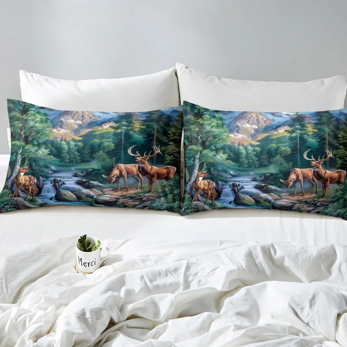 Erosebridal Deer Hunting Twin Size Bedding Set Woodland Wildlife Duvet Cover Nature Wild Deer Animal Comforter Cover Rustic Cabin Jungle Elk Bedspread Cover for Kids Boys Girls Room Decor