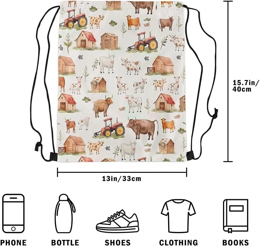 Erosebridal Farm Animals Drawstring Backpack 13x15.7,Countryside Rural Cow Drawstring Bags,Cartoon Tractor Draw String Back Bag,Rustic Farmhouse String Backpack