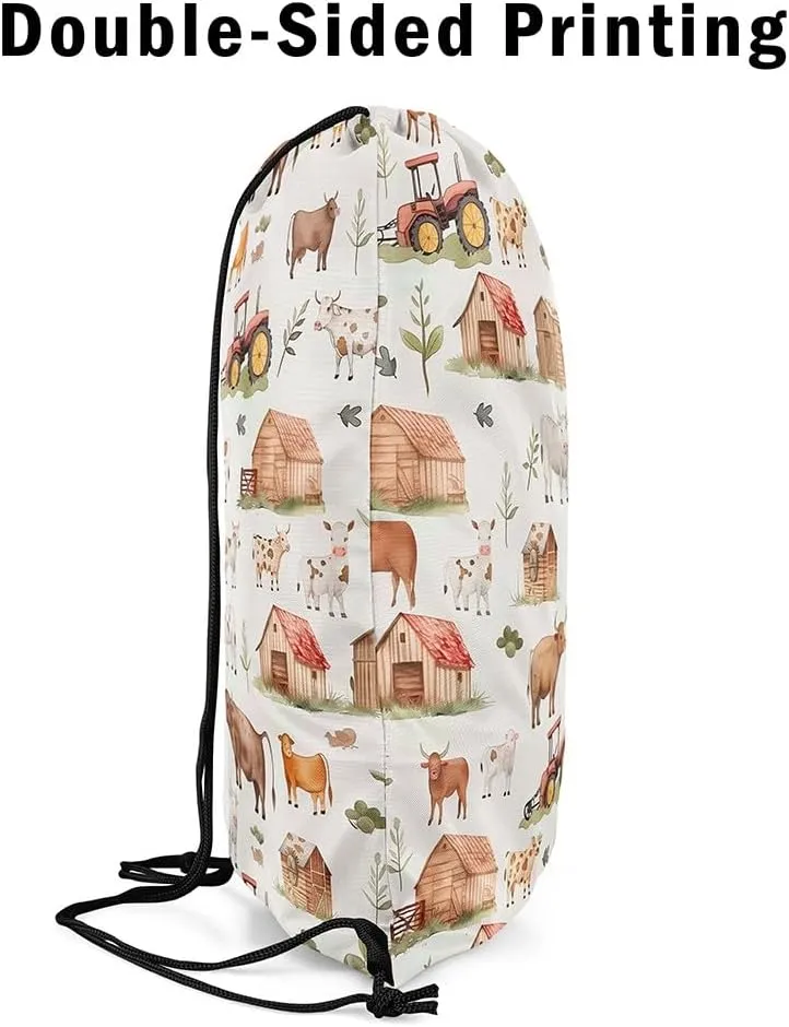 Erosebridal Farm Animals Drawstring Backpack 13x15.7,Countryside Rural Cow Drawstring Bags,Cartoon Tractor Draw String Back Bag,Rustic Farmhouse String Backpack