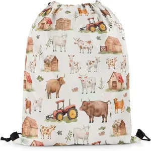 Erosebridal Farm Animals Drawstring Backpack 13x15.7,Countryside Rural Cow Drawstring Bags,Cartoon Tractor Draw String Back Bag,Rustic Farmhouse String Backpack
