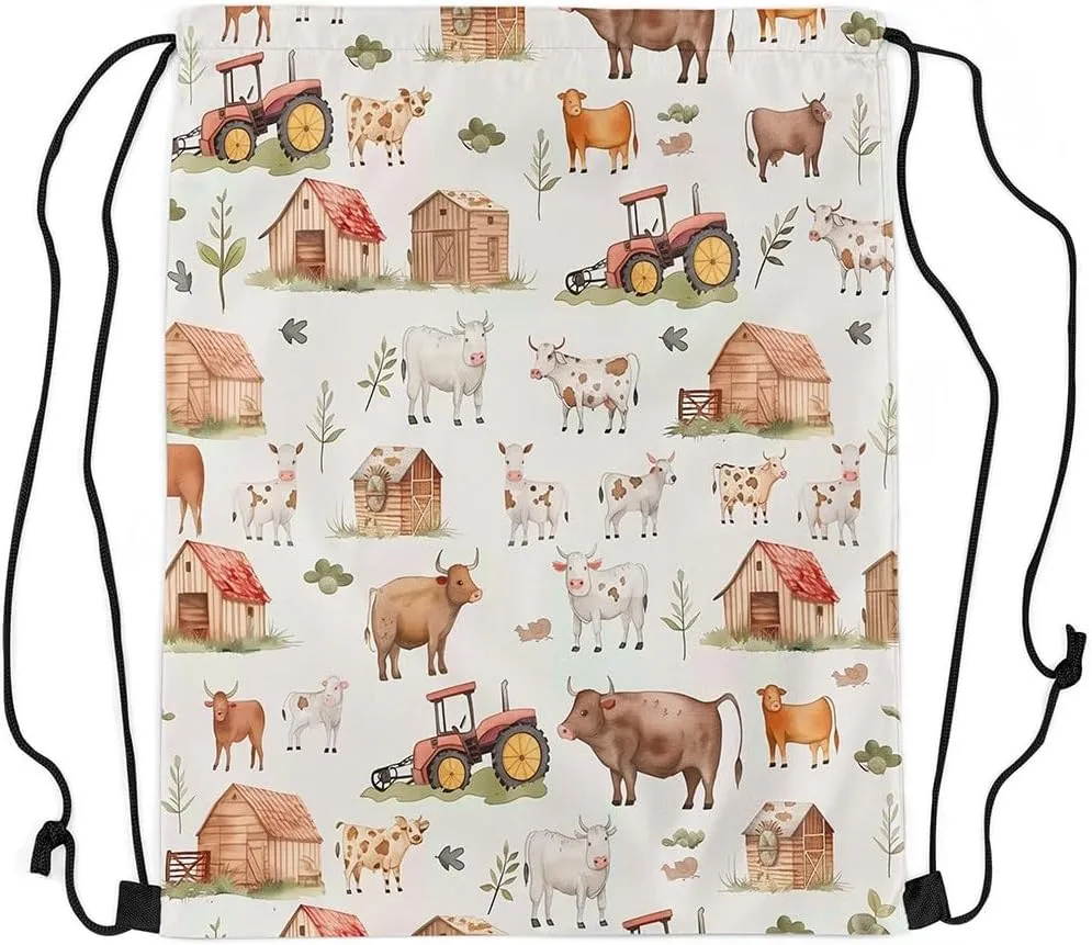 Erosebridal Farm Animals Drawstring Backpack 13x15.7,Countryside Rural Cow Drawstring Bags,Cartoon Tractor Draw String Back Bag,Rustic Farmhouse String Backpack