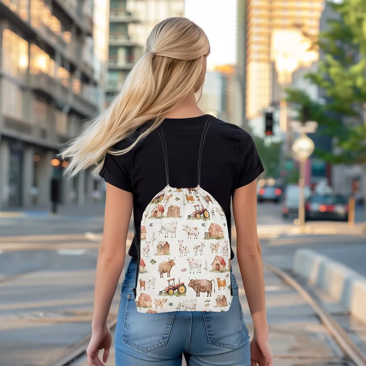 Erosebridal Farm Animals Drawstring Backpack 13x15.7,Countryside Rural Cow Drawstring Bags,Cartoon Tractor Draw String Back Bag,Rustic Farmhouse String Backpack