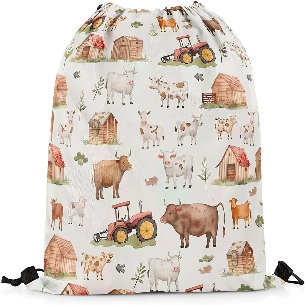 Erosebridal Farm Animals Drawstring Backpack 13x15.7,Countryside Rural Cow Drawstring Bags,Cartoon Tractor Draw String Back Bag,Rustic Farmhouse String Backpack