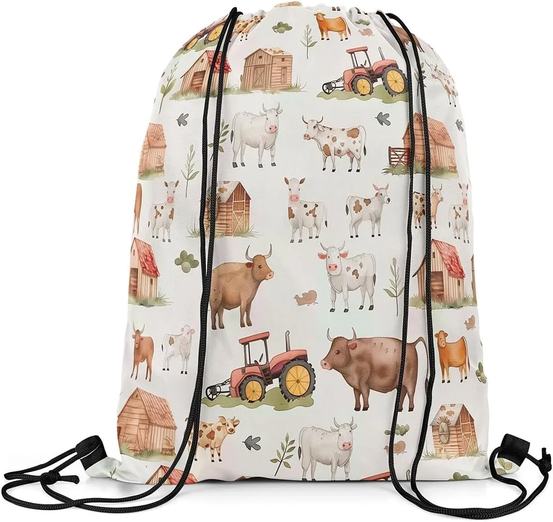 Erosebridal Farm Animals Drawstring Backpack 13x15.7,Countryside Rural Cow Drawstring Bags,Cartoon Tractor Draw String Back Bag,Rustic Farmhouse String Backpack