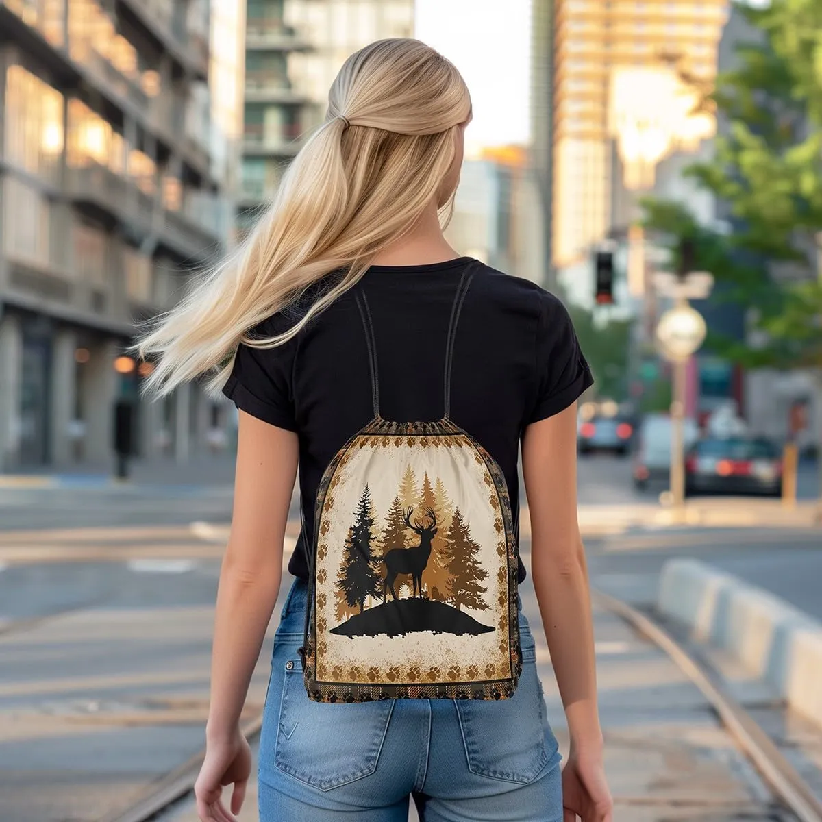 Erosebridal Farmhouse Deer Drawstring Bags for Sport Gym,Woodland Jungle Southwestern Drawstring Backpack,Rustic Hunting Animal Draw String Back Bag,Alk Moose Anlters String Backpack,13x15.7