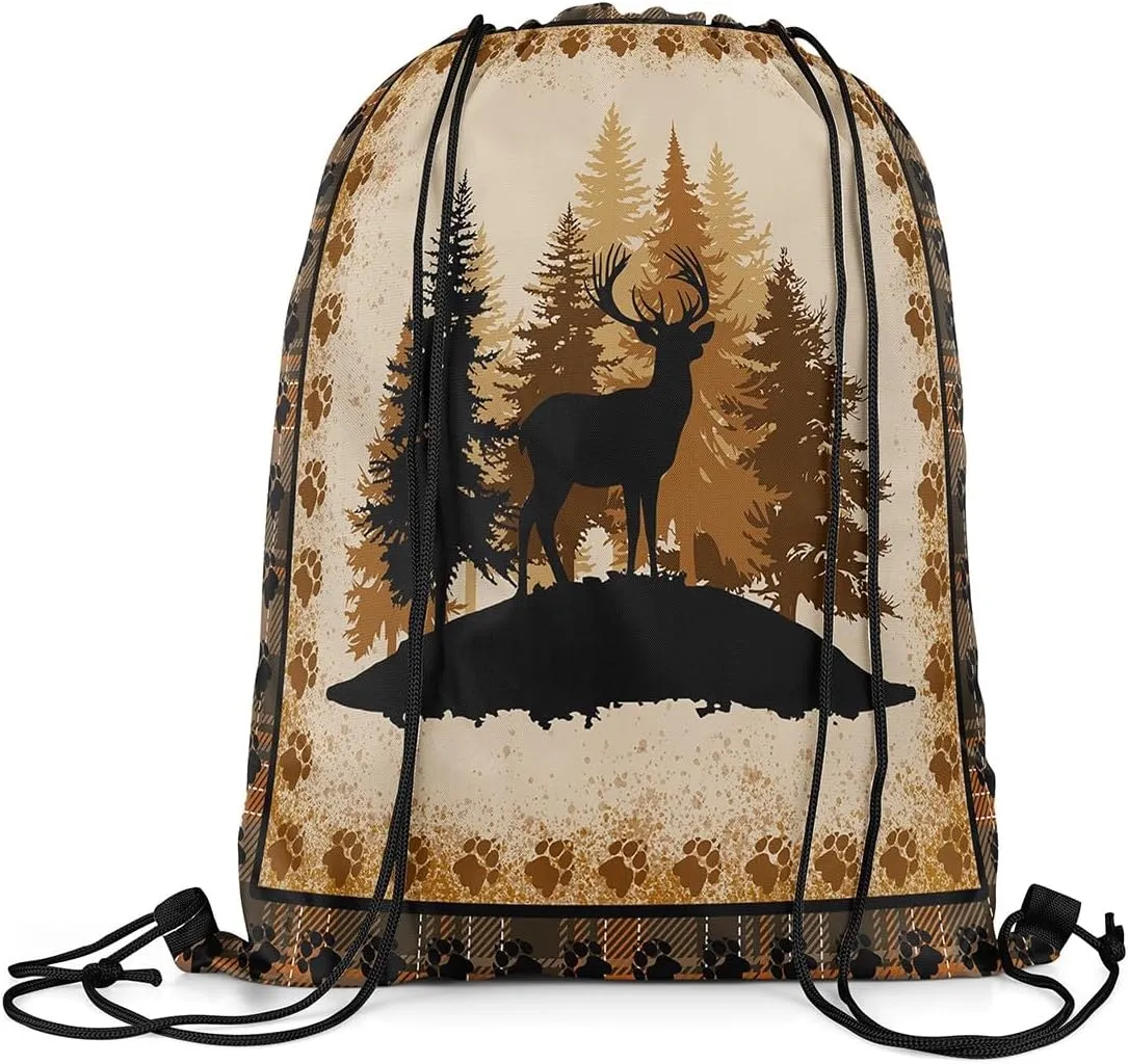 Erosebridal Farmhouse Deer Drawstring Bags for Sport Gym,Woodland Jungle Southwestern Drawstring Backpack,Rustic Hunting Animal Draw String Back Bag,Alk Moose Anlters String Backpack,13x15.7