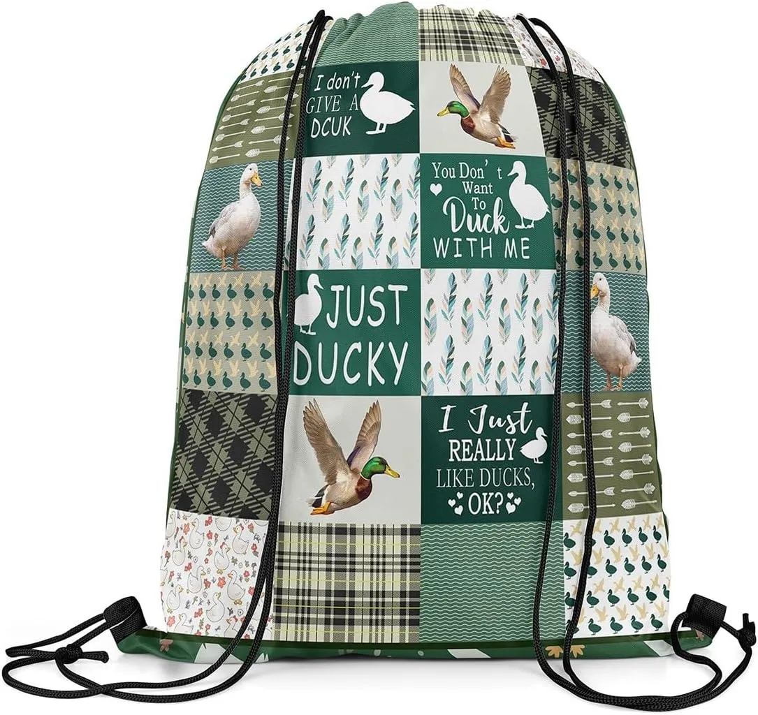 Erosebridal Mallard Duck 13x15.7 Drawstring Backpack Rustic Farmhouse Drawstring Bags Country Animals Draw String Back Bag Vintage Plaid Style String Backpack