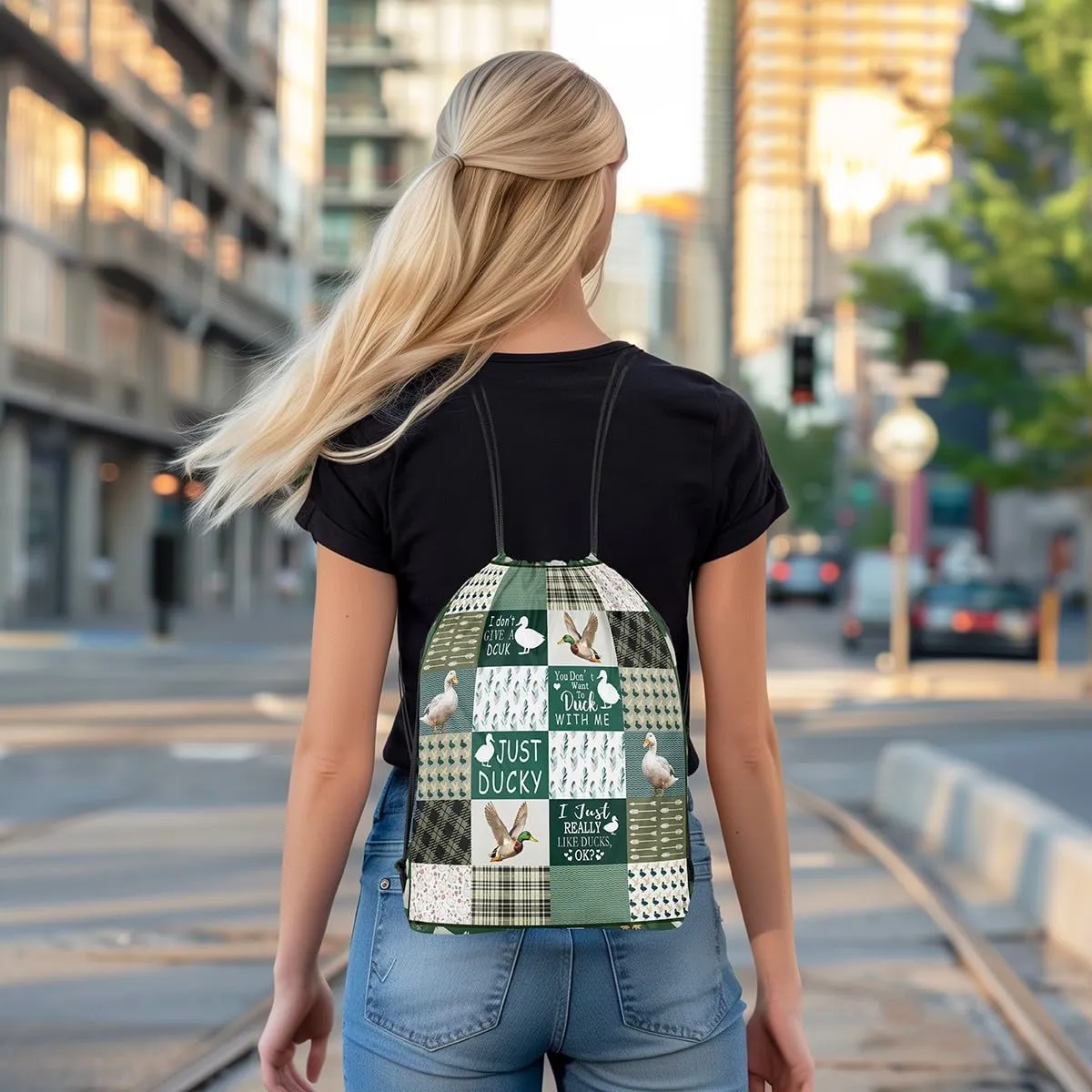 Erosebridal Mallard Duck 13x15.7 Drawstring Backpack Rustic Farmhouse Drawstring Bags Country Animals Draw String Back Bag Vintage Plaid Style String Backpack