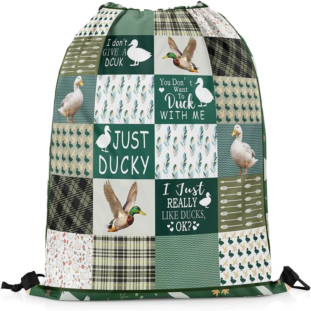 Erosebridal Mallard Duck 13x15.7 Drawstring Backpack Rustic Farmhouse Drawstring Bags Country Animals Draw String Back Bag Vintage Plaid Style String Backpack