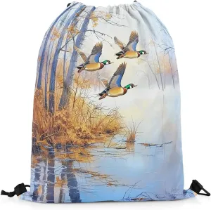 Erosebridal Mallard Duck Drawstring Bags 13x15.7 Mallard Duck Bird Drawstring Backpack Rustic Natural Lake Scenery Draw String Back Bag Vintage Woodland Farmhouse String Backpack