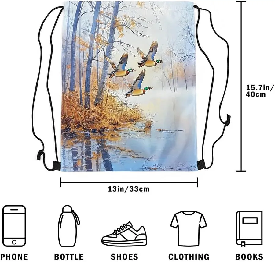Erosebridal Mallard Duck Drawstring Bags 13x15.7 Mallard Duck Bird Drawstring Backpack Rustic Natural Lake Scenery Draw String Back Bag Vintage Woodland Farmhouse String Backpack