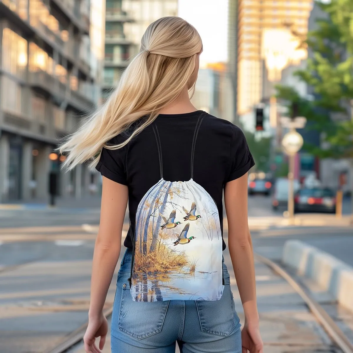 Erosebridal Mallard Duck Drawstring Bags 13x15.7 Mallard Duck Bird Drawstring Backpack Rustic Natural Lake Scenery Draw String Back Bag Vintage Woodland Farmhouse String Backpack