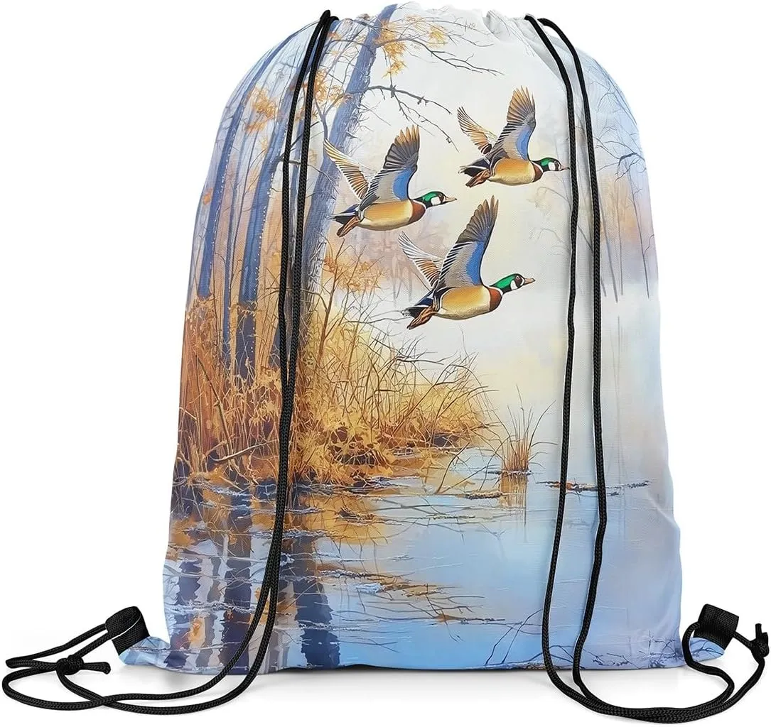 Erosebridal Mallard Duck Drawstring Bags 13x15.7 Mallard Duck Bird Drawstring Backpack Rustic Natural Lake Scenery Draw String Back Bag Vintage Woodland Farmhouse String Backpack