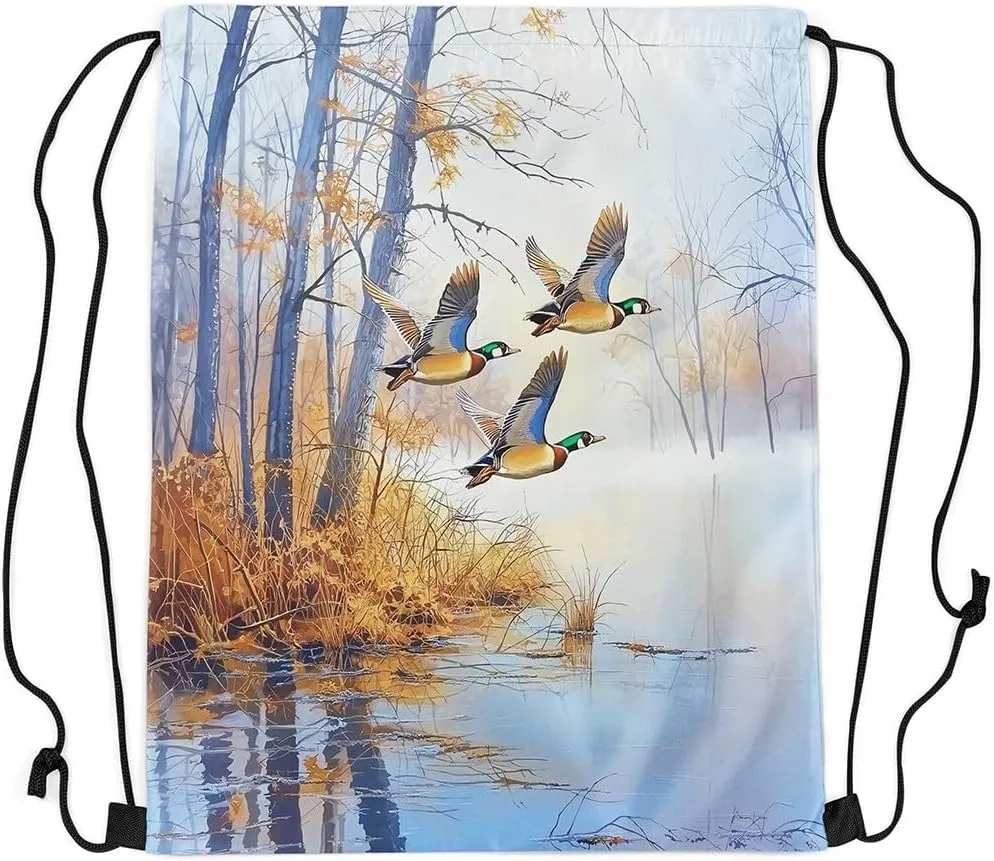 Erosebridal Mallard Duck Drawstring Bags 13x15.7 Mallard Duck Bird Drawstring Backpack Rustic Natural Lake Scenery Draw String Back Bag Vintage Woodland Farmhouse String Backpack
