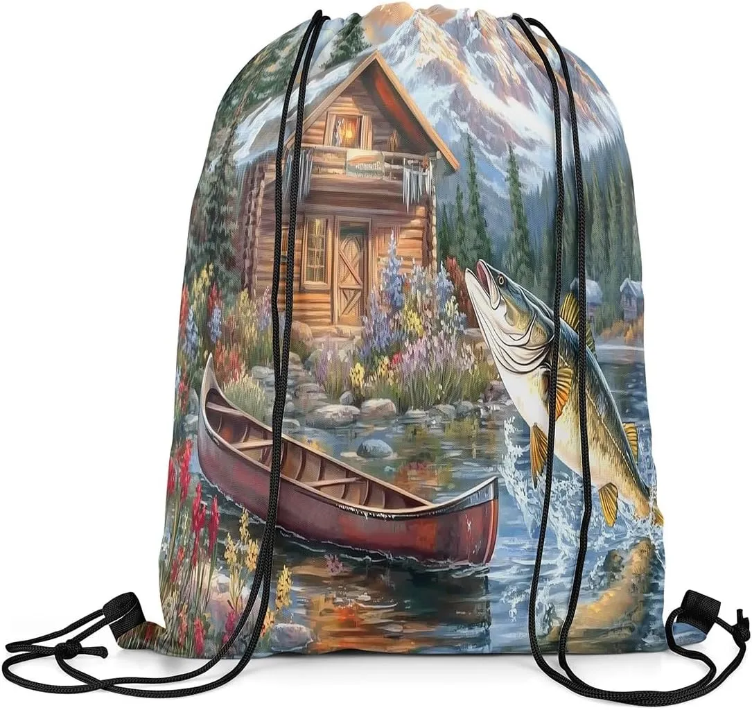 Erosebridal Pike Fish Drawstring Backpack,Hunting and Fishing Drawstring Bags,Rustic Farmhouse Draw String Back Bag,Countryside Rural Cabin Lodge String Backpack,13x15.7