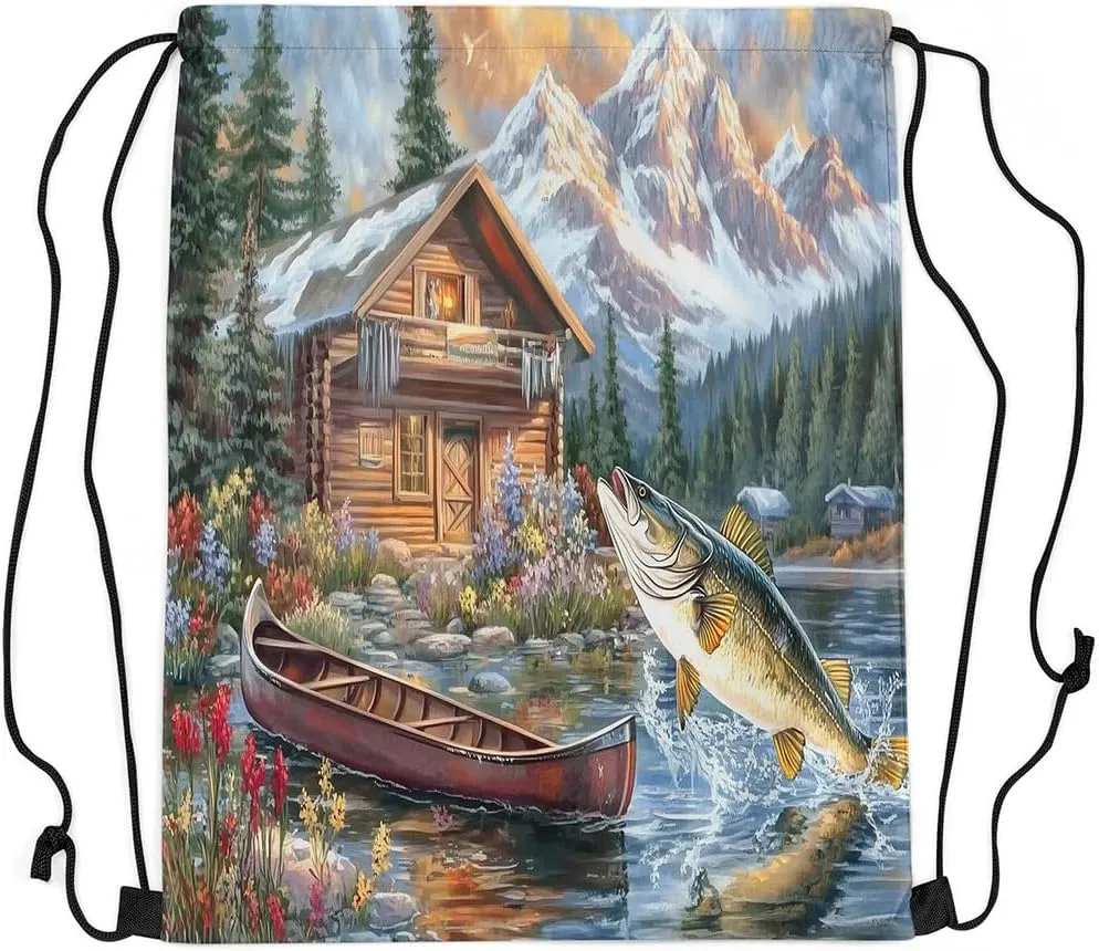 Erosebridal Pike Fish Drawstring Backpack,Hunting and Fishing Drawstring Bags,Rustic Farmhouse Draw String Back Bag,Countryside Rural Cabin Lodge String Backpack,13x15.7