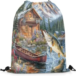Erosebridal Pike Fish Drawstring Backpack,Hunting and Fishing Drawstring Bags,Rustic Farmhouse Draw String Back Bag,Countryside Rural Cabin Lodge String Backpack,13x15.7
