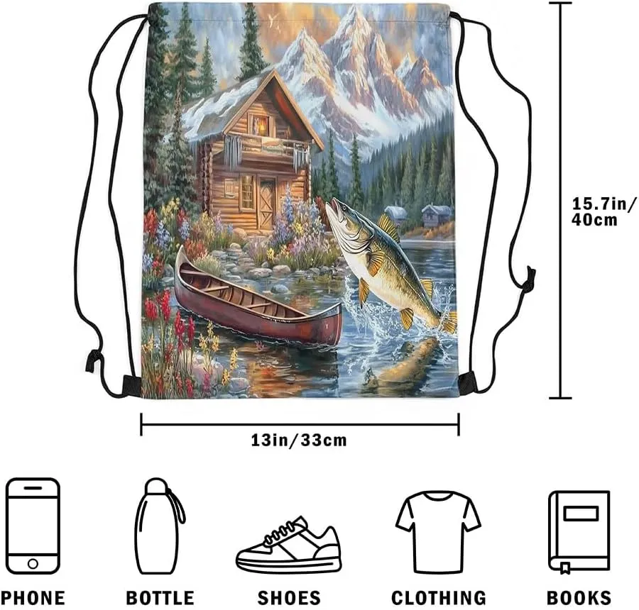Erosebridal Pike Fish Drawstring Backpack,Hunting and Fishing Drawstring Bags,Rustic Farmhouse Draw String Back Bag,Countryside Rural Cabin Lodge String Backpack,13x15.7