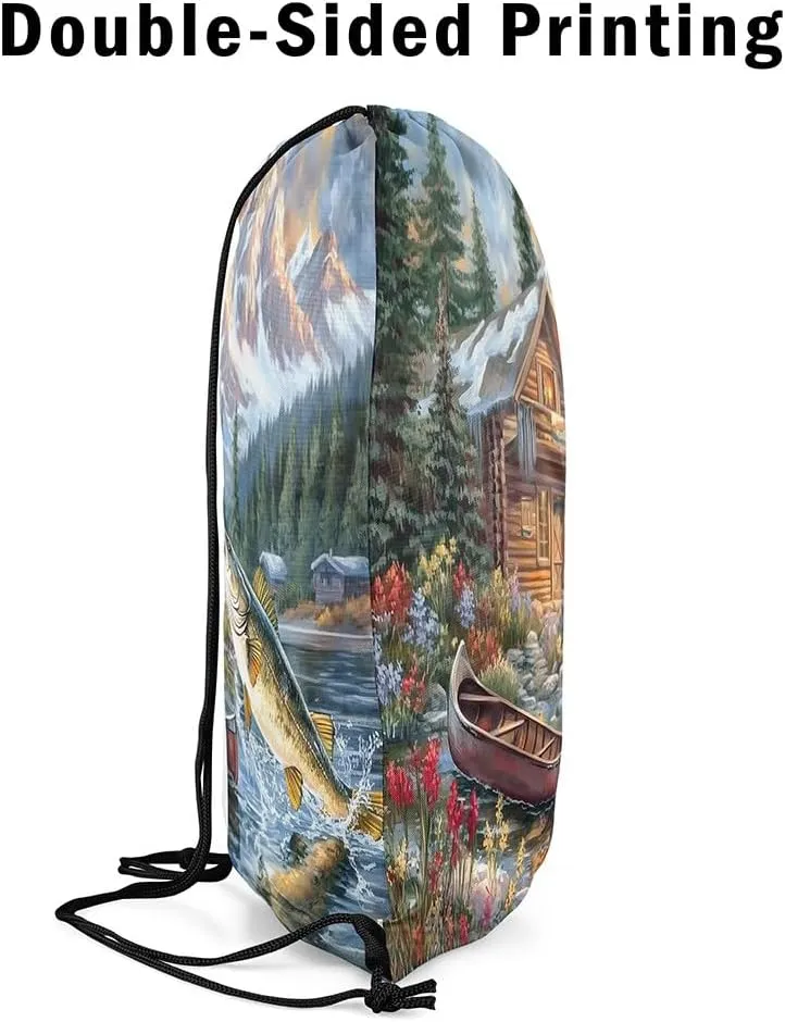 Erosebridal Pike Fish Drawstring Backpack,Hunting and Fishing Drawstring Bags,Rustic Farmhouse Draw String Back Bag,Countryside Rural Cabin Lodge String Backpack,13x15.7