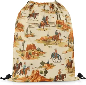 Erosebridal Western Drawstring Bags 13x15.7,Southwest Cowboy Drawstring Backpack,American Wild West Desert Cactus Draw String Back Bag,Rustic Farmhouse String Backpack Country Farm Decor