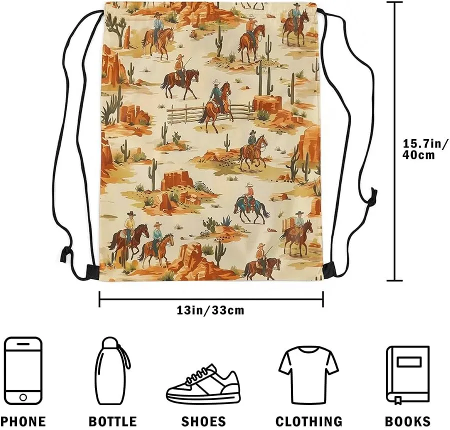 Erosebridal Western Drawstring Bags 13x15.7,Southwest Cowboy Drawstring Backpack,American Wild West Desert Cactus Draw String Back Bag,Rustic Farmhouse String Backpack Country Farm Decor