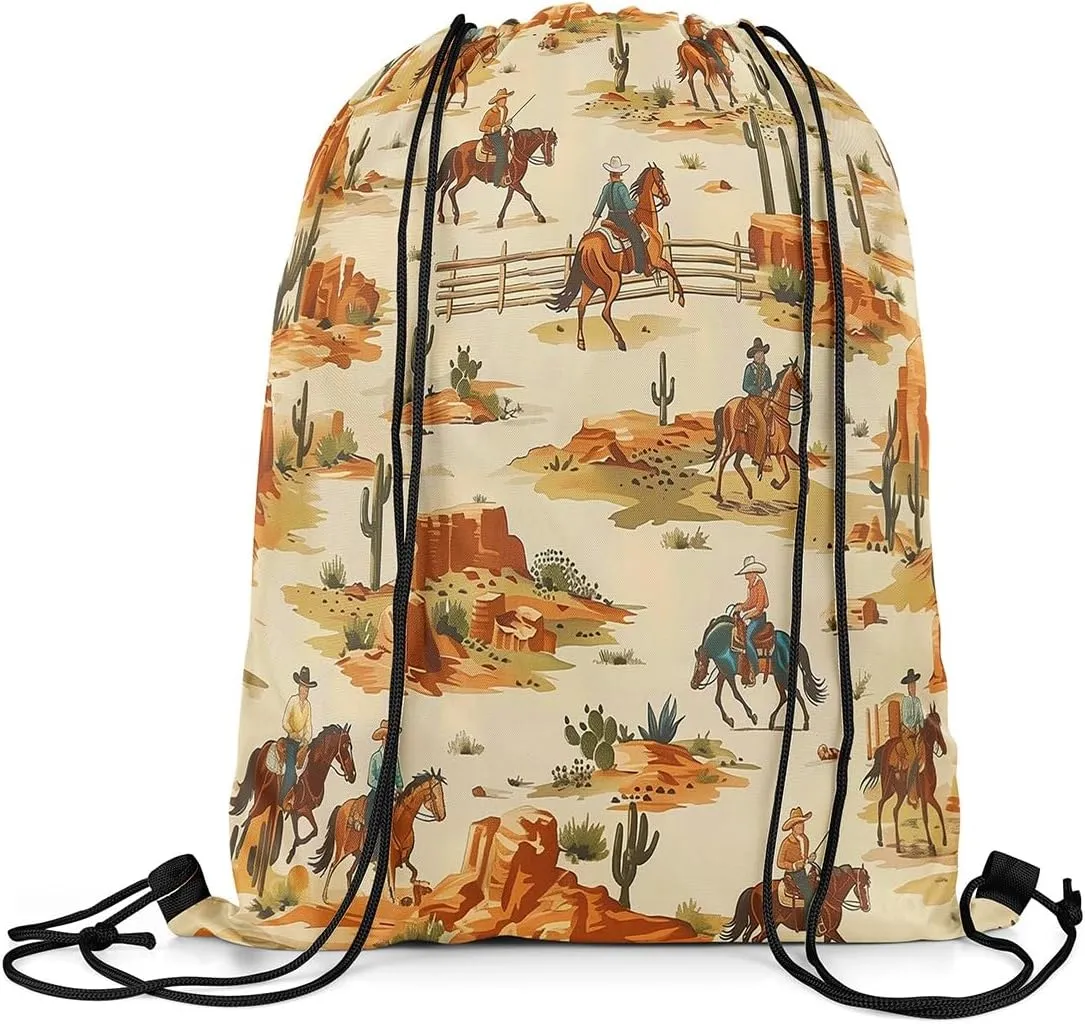 Erosebridal Western Drawstring Bags 13x15.7,Southwest Cowboy Drawstring Backpack,American Wild West Desert Cactus Draw String Back Bag,Rustic Farmhouse String Backpack Country Farm Decor