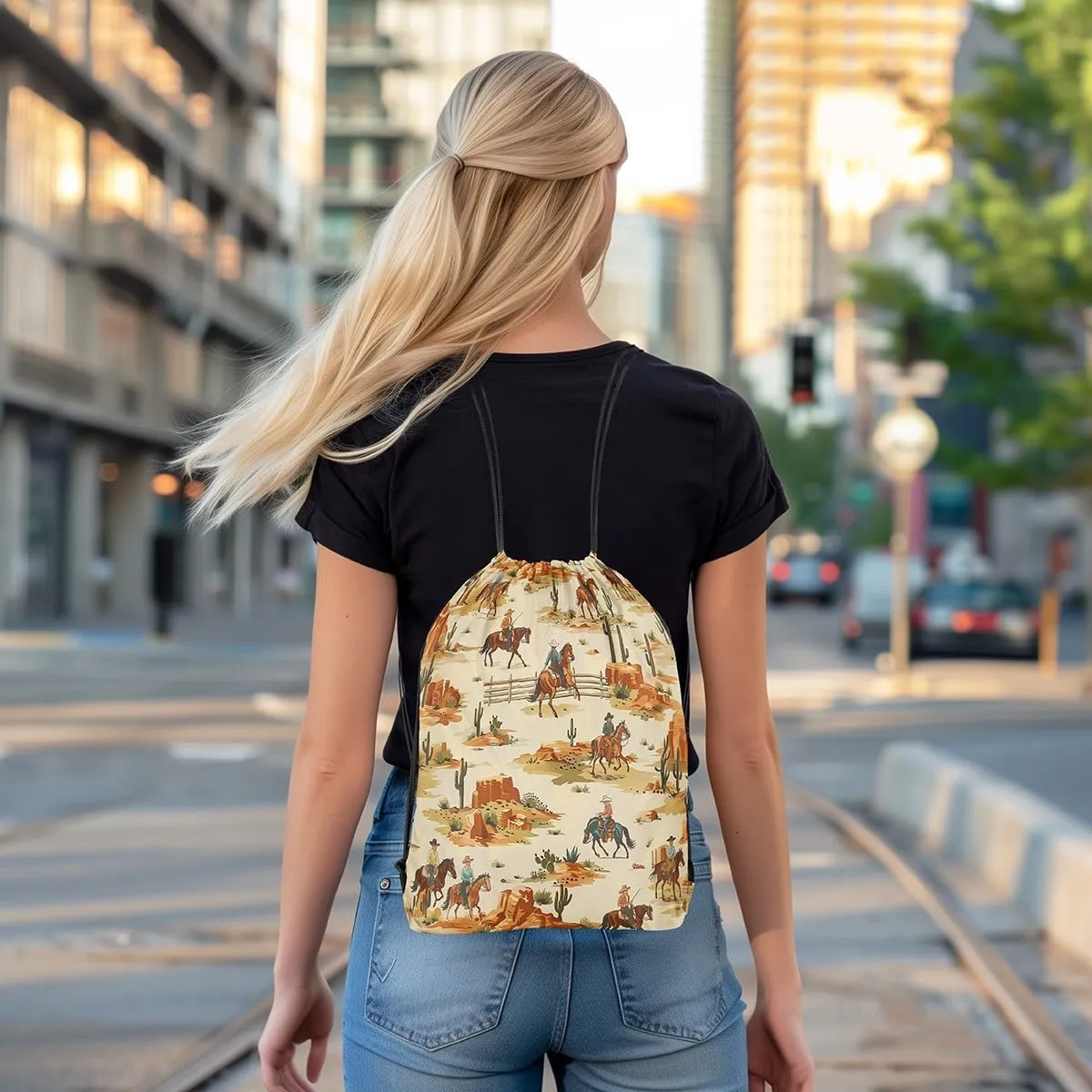 Erosebridal Western Drawstring Bags 13x15.7,Southwest Cowboy Drawstring Backpack,American Wild West Desert Cactus Draw String Back Bag,Rustic Farmhouse String Backpack Country Farm Decor
