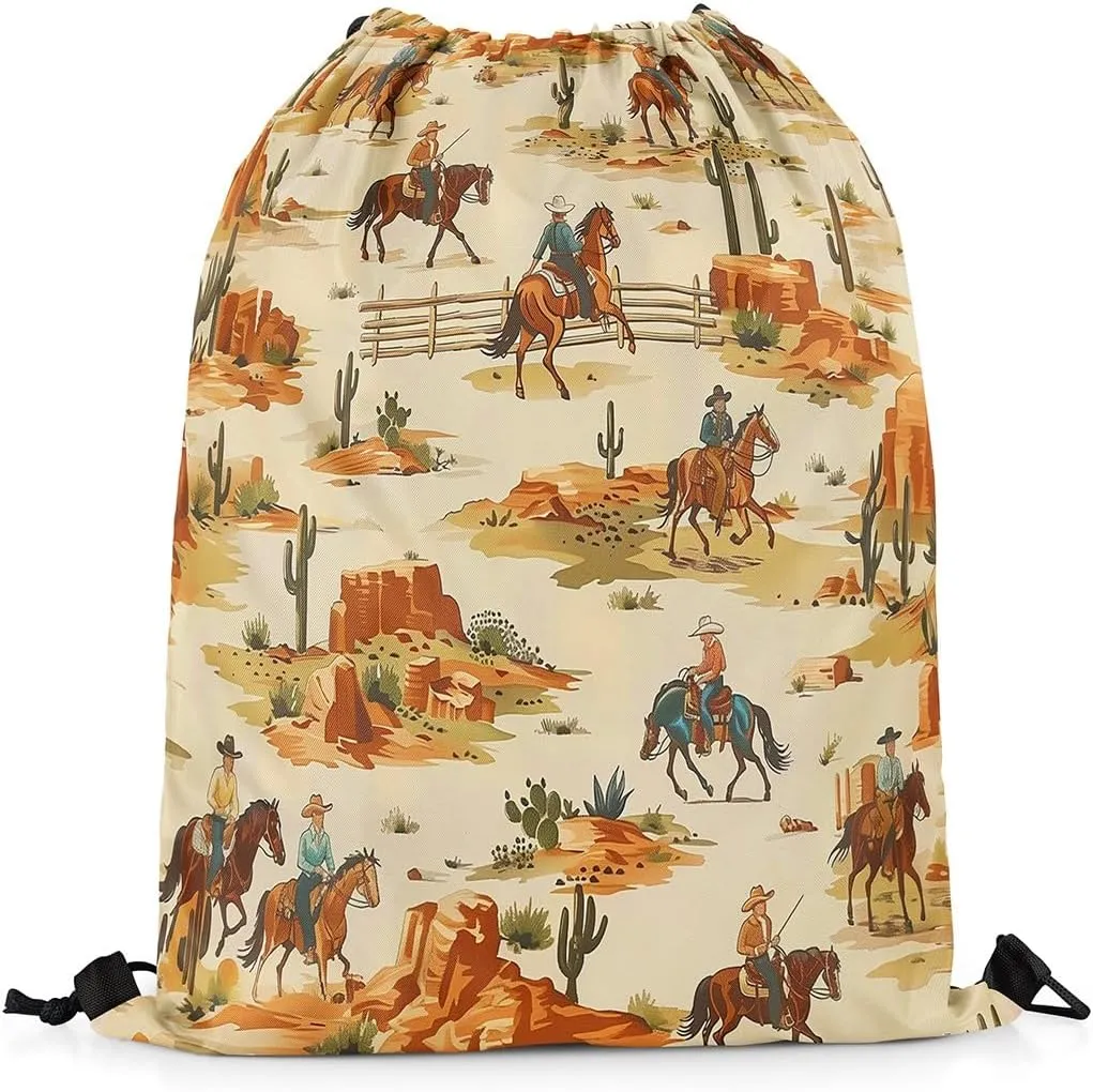 Erosebridal Western Drawstring Bags 13x15.7,Southwest Cowboy Drawstring Backpack,American Wild West Desert Cactus Draw String Back Bag,Rustic Farmhouse String Backpack Country Farm Decor