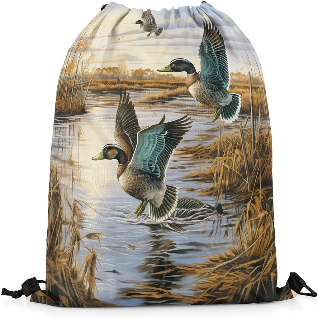 Erosebridal Wild Duck 13x15.7 Drawstring Backpack, Hunting Themed Drawstring Bags, Rustic Natural Lake Scenery Bird Draw String Back Bag, Flying Duck Hunting Themed Wildlife String Backpack,Blue