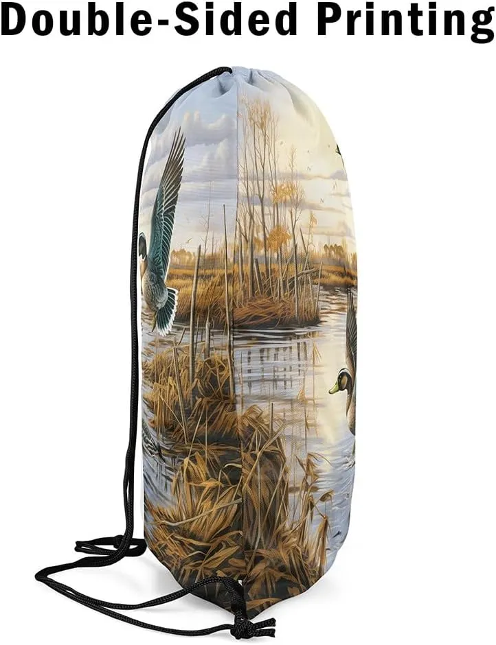 Erosebridal Wild Duck 13x15.7 Drawstring Backpack, Hunting Themed Drawstring Bags, Rustic Natural Lake Scenery Bird Draw String Back Bag, Flying Duck Hunting Themed Wildlife String Backpack,Blue