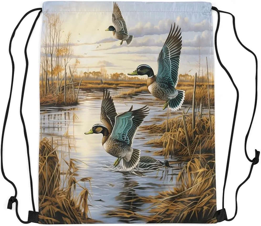 Erosebridal Wild Duck 13x15.7 Drawstring Backpack, Hunting Themed Drawstring Bags, Rustic Natural Lake Scenery Bird Draw String Back Bag, Flying Duck Hunting Themed Wildlife String Backpack,Blue