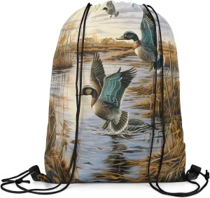 Erosebridal Wild Duck 13x15.7 Drawstring Backpack, Hunting Themed Drawstring Bags, Rustic Natural Lake Scenery Bird Draw String Back Bag, Flying Duck Hunting Themed Wildlife String Backpack,Blue