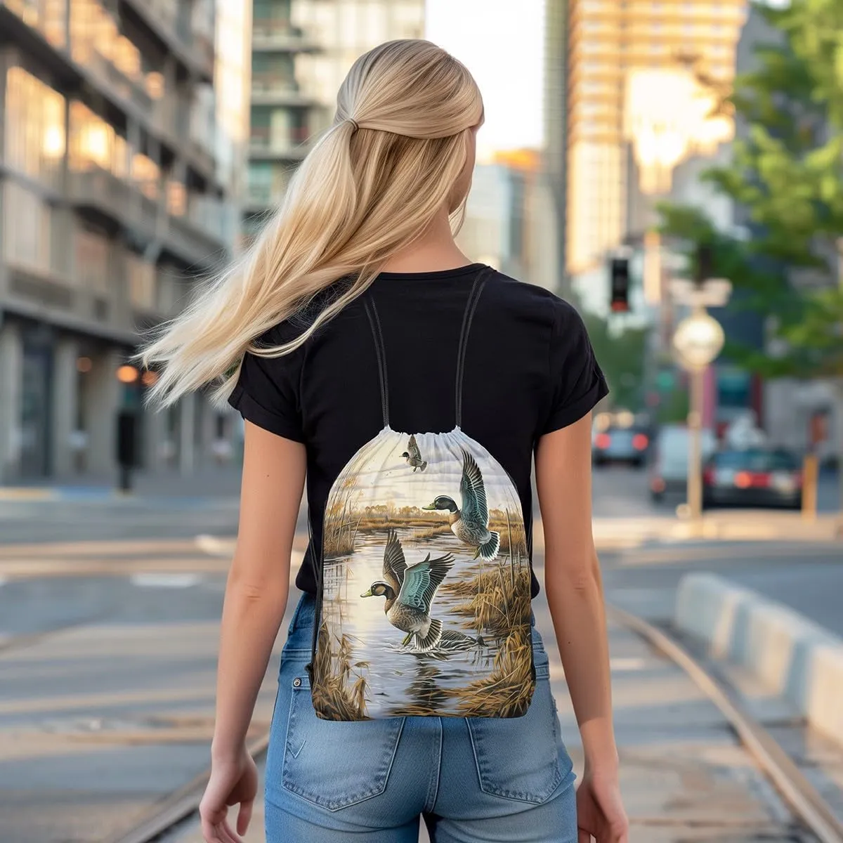 Erosebridal Wild Duck 13x15.7 Drawstring Backpack, Hunting Themed Drawstring Bags, Rustic Natural Lake Scenery Bird Draw String Back Bag, Flying Duck Hunting Themed Wildlife String Backpack,Blue