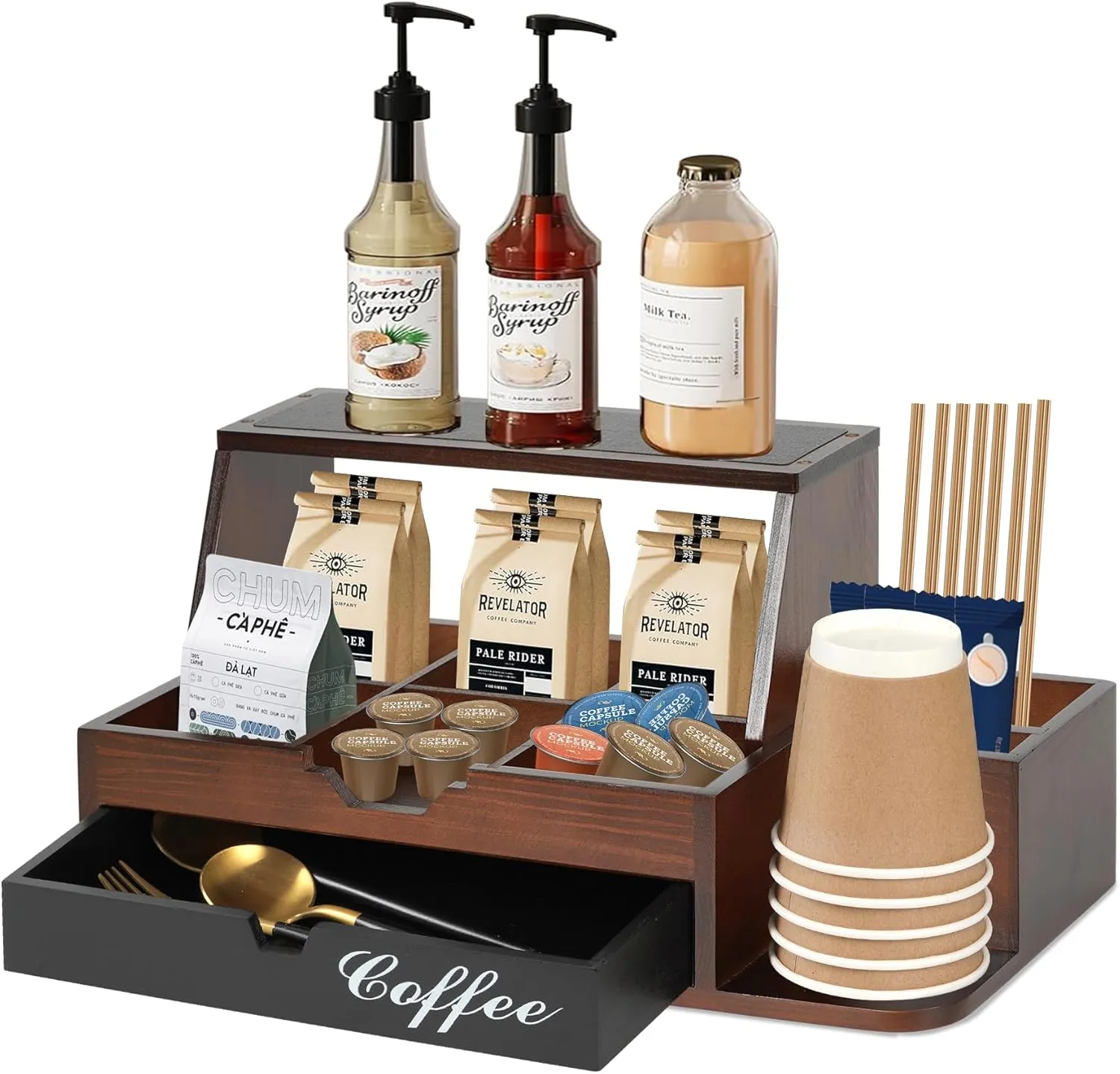 Farmhouse Coffee Bar Organizer, Wood Countertop With Drawer, Coffee Station Organizer for Countertop, Tea and K Cup Storage Rack