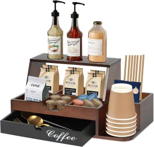 Farmhouse Coffee Bar Organizer, Wood Countertop With Drawer, Coffee Station Organizer for Countertop, Tea and K Cup Storage Rack