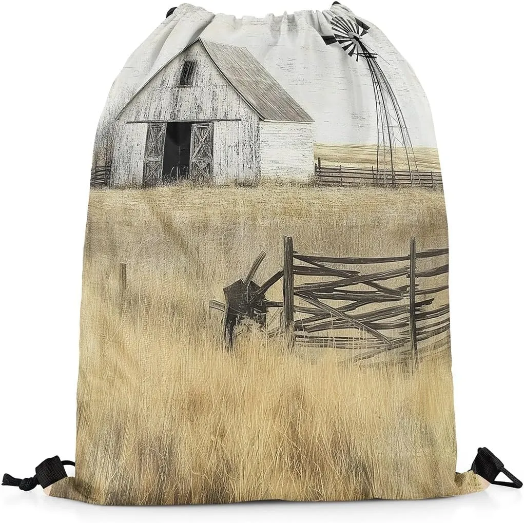 Farmhouse Drawstring Backpack 13x15.7 Rustic Barn Drawstring Bags Country Landscape Windmill Horizontal Draw String Back Bag Countryside Rural Nature Cene String Backpack