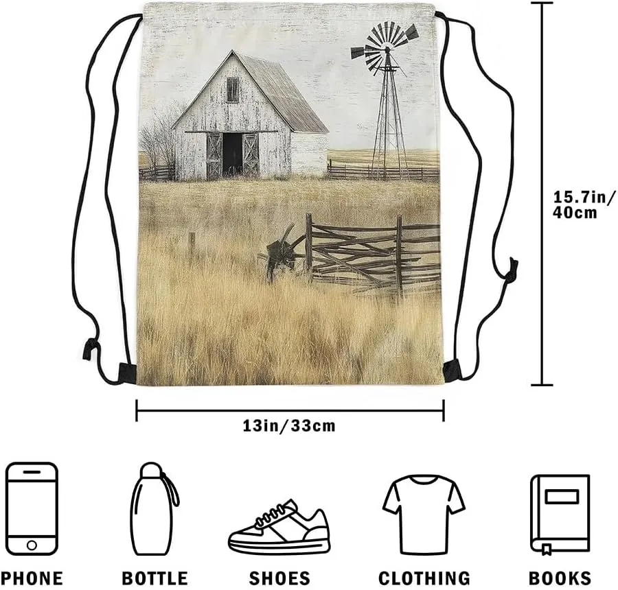 Farmhouse Drawstring Backpack 13x15.7 Rustic Barn Drawstring Bags Country Landscape Windmill Horizontal Draw String Back Bag Countryside Rural Nature Cene String Backpack