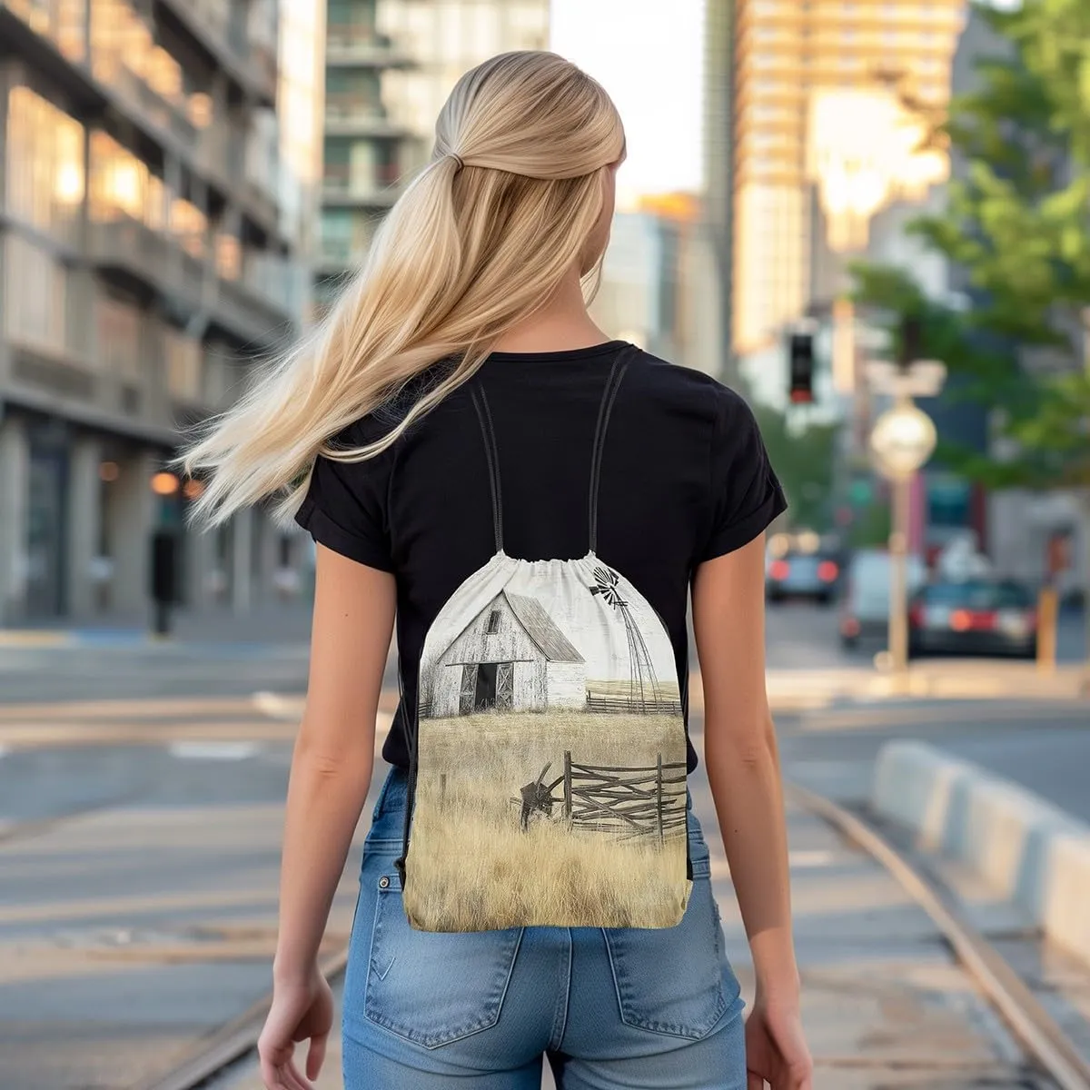 Farmhouse Drawstring Backpack 13x15.7 Rustic Barn Drawstring Bags Country Landscape Windmill Horizontal Draw String Back Bag Countryside Rural Nature Cene String Backpack