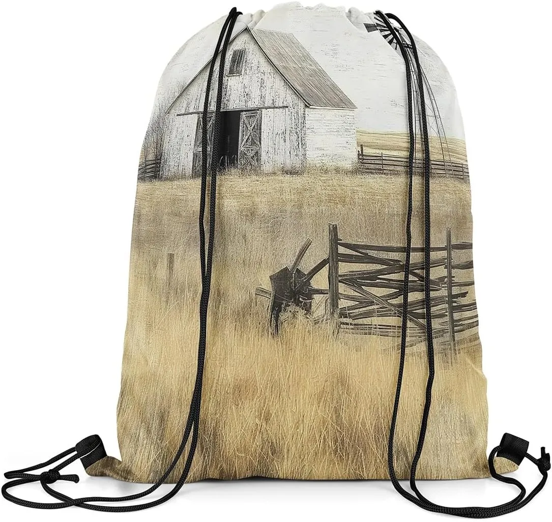 Farmhouse Drawstring Backpack 13x15.7 Rustic Barn Drawstring Bags Country Landscape Windmill Horizontal Draw String Back Bag Countryside Rural Nature Cene String Backpack