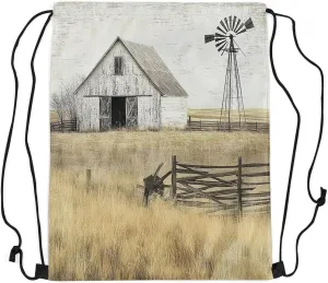 Farmhouse Drawstring Backpack 13x15.7 Rustic Barn Drawstring Bags Country Landscape Windmill Horizontal Draw String Back Bag Countryside Rural Nature Cene String Backpack