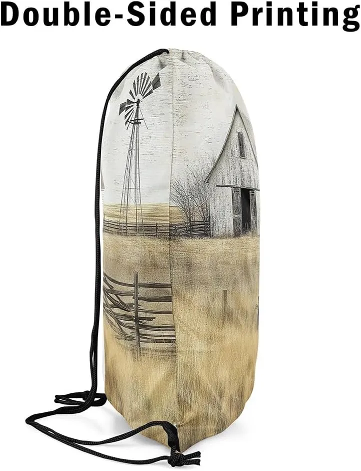 Farmhouse Drawstring Backpack 13x15.7 Rustic Barn Drawstring Bags Country Landscape Windmill Horizontal Draw String Back Bag Countryside Rural Nature Cene String Backpack