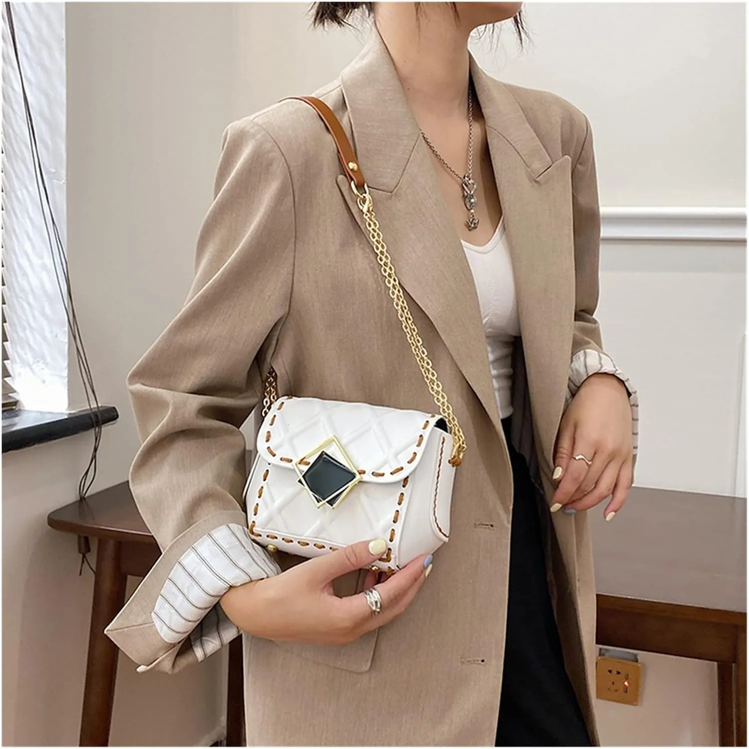 Fashion Chain Messenger Bag Material Woven Set Hand Stitching Shoulder Strap Sew Handle DIY Handmade Bag for Women(OneColor)