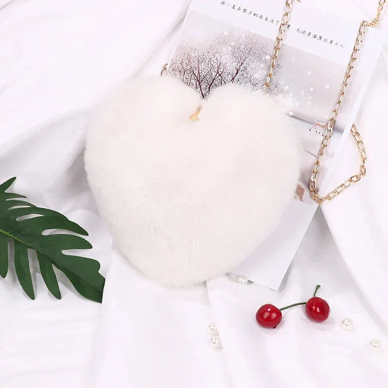 Fashion Women Heart Shaped Handbags Cute Kawaii Faux Fur Crossbody Bags Wallet Purse Plush Chain Shoulder Bag Lady Handbag