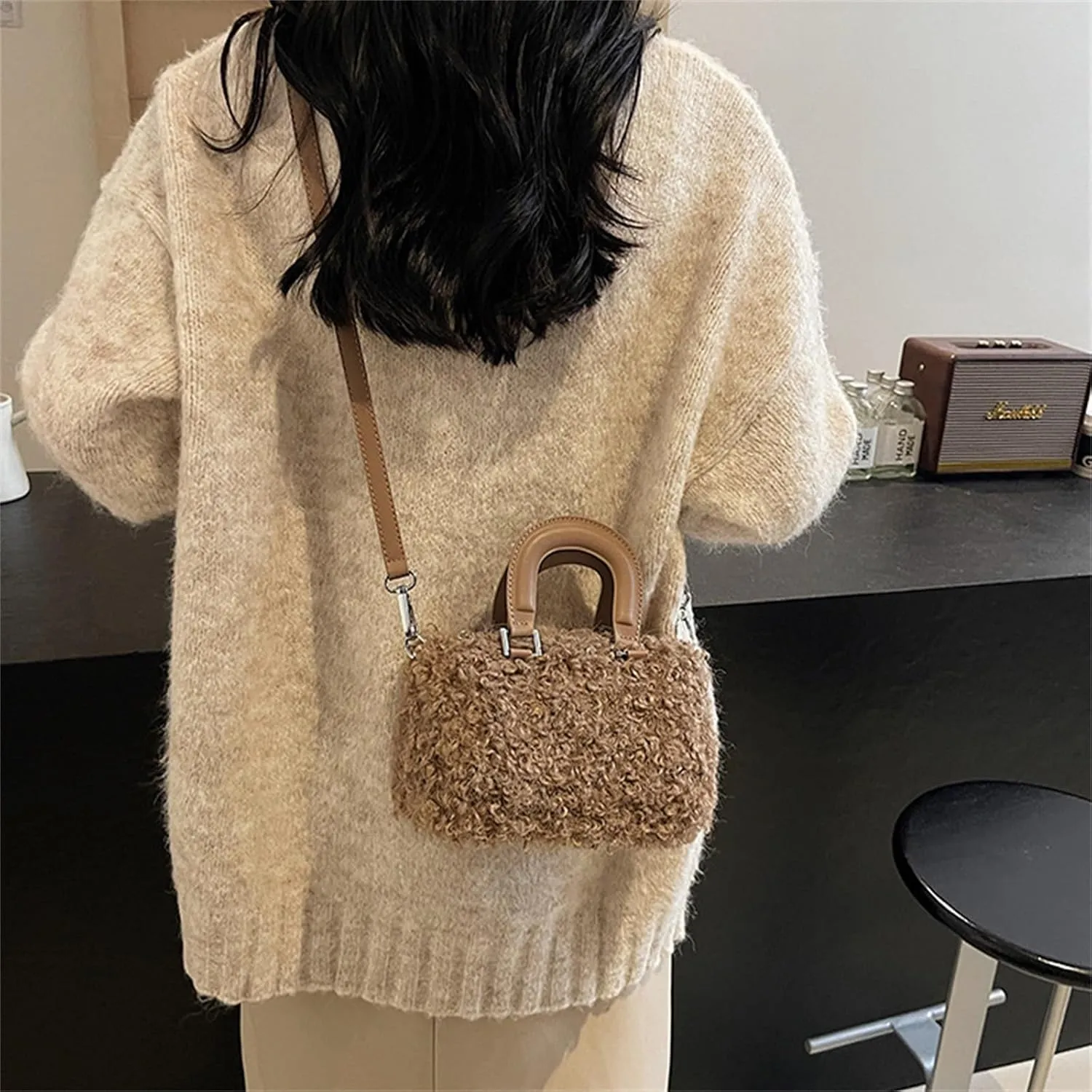 Faux Fur Crossbody Bags for Women, Fluffy Top Handle Shoulder Bag, Plush Shoulder Bag Crossbody Bag Handbag-Chocolate