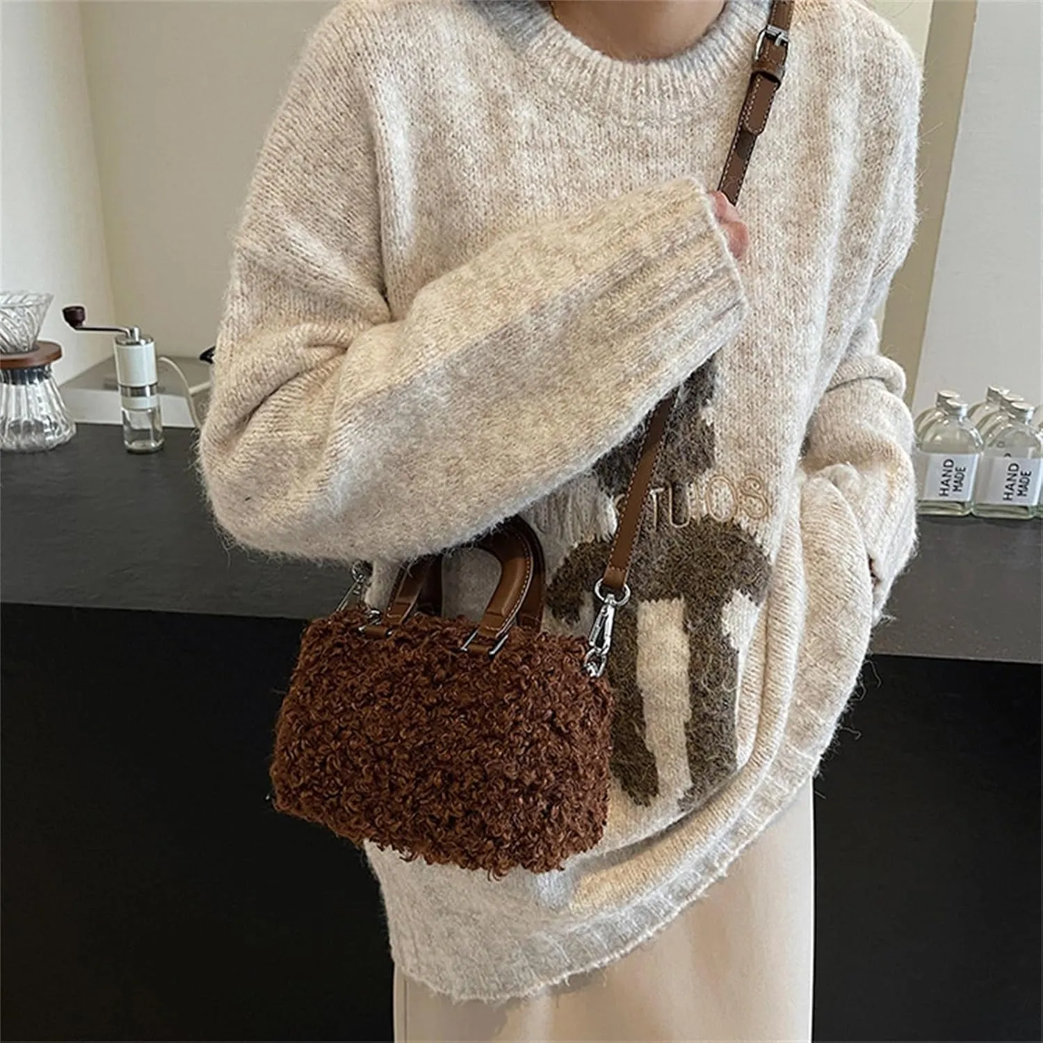 Faux Fur Crossbody Bags for Women, Fluffy Top Handle Shoulder Bag, Plush Shoulder Bag Crossbody Bag Handbag-Coffee